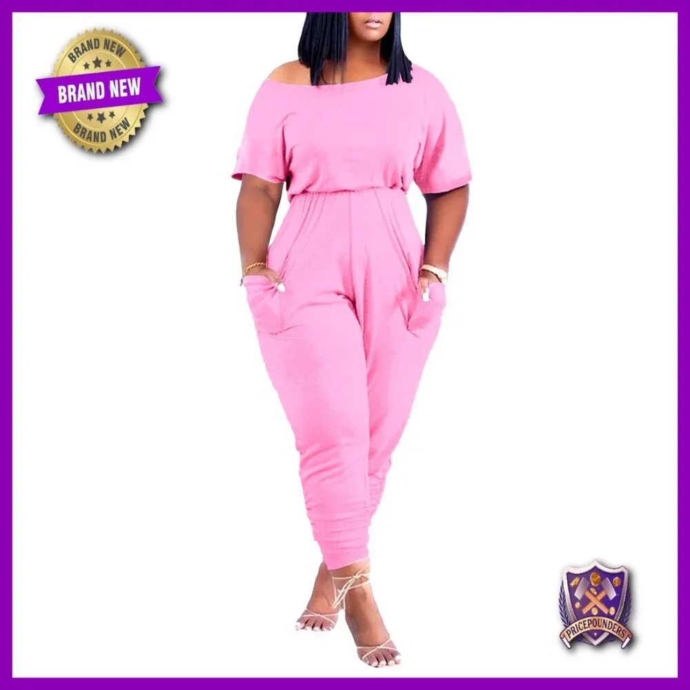 Plus Size Off Shoulder Jumpsuit with Pockets Loose Fit Summer Romper